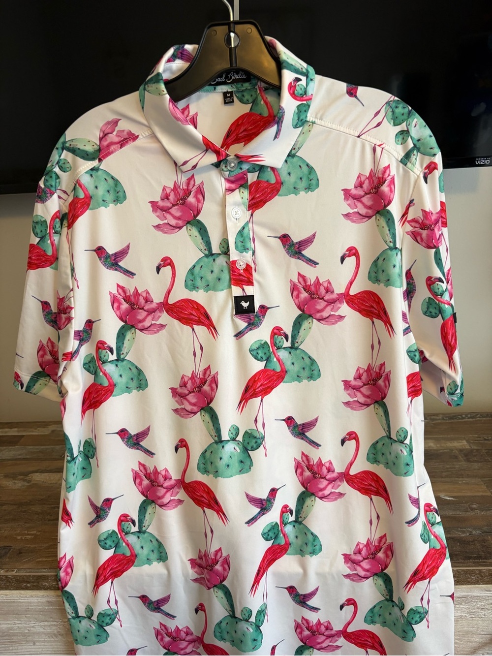 Bad Birdie White Polo with Pink Flamingos & Green Cactus Print